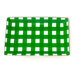 Ceramic Porcelain Gingham Catchall Tray • Rectangular Dish • Gold Rim